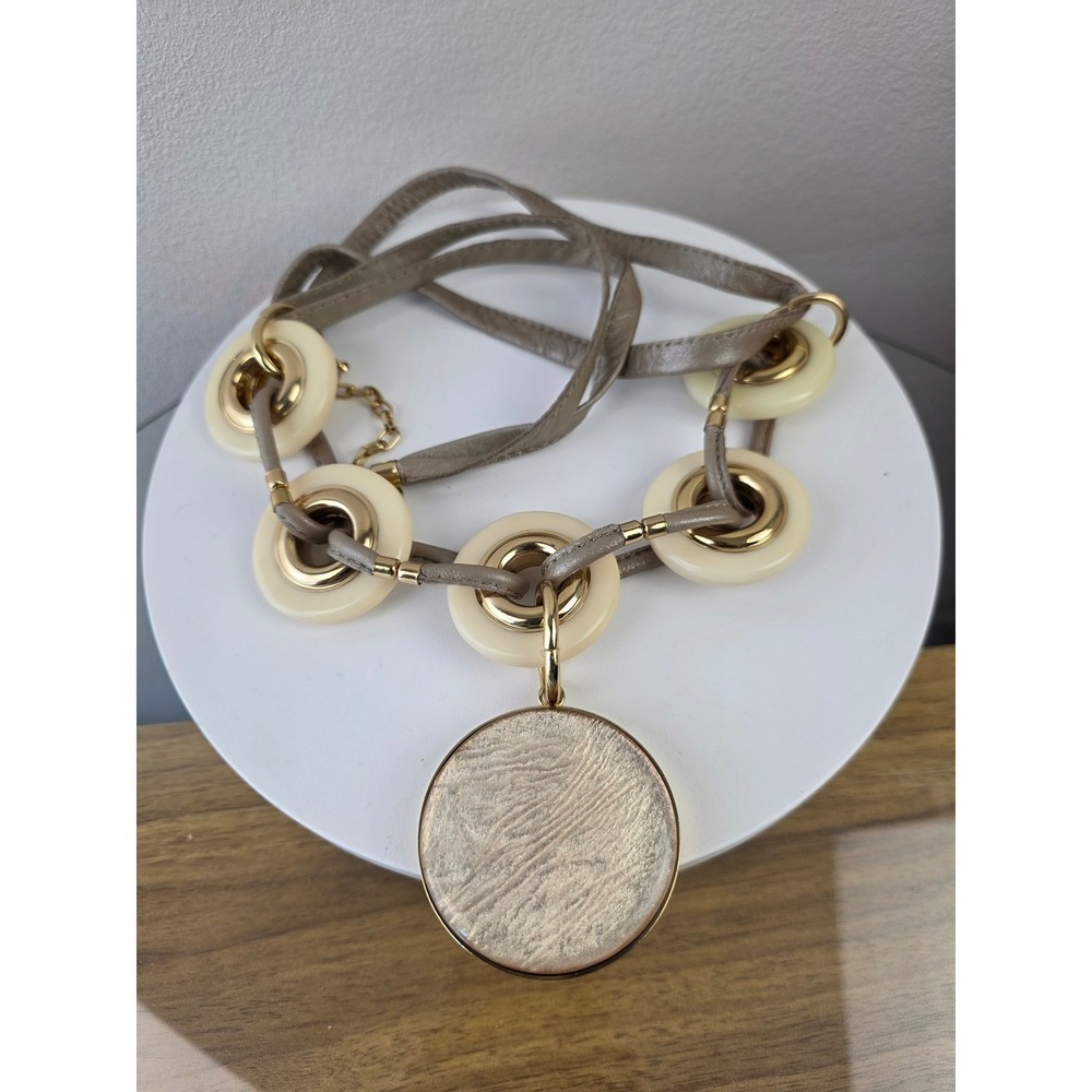 Taupe Leather Cord Statement Necklace Gold Pendant Cream Resin Rings Adjustable